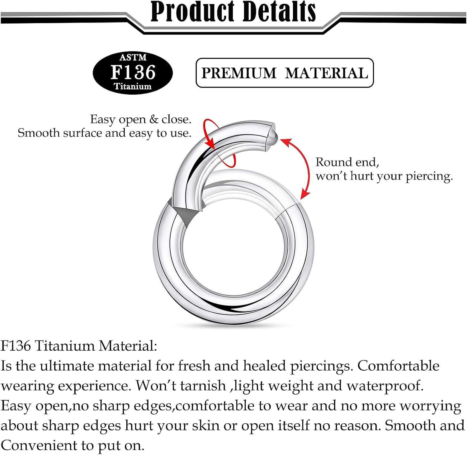 20G-2G ASTM F136 Titanium Septum Nose Rings Hoops Hinged Clicker Segment Septum Lip Nipple Ring Cartilage Tragus Helix Sleeper Earrings Piercing Jewelry for Women Men 6mm-19mm