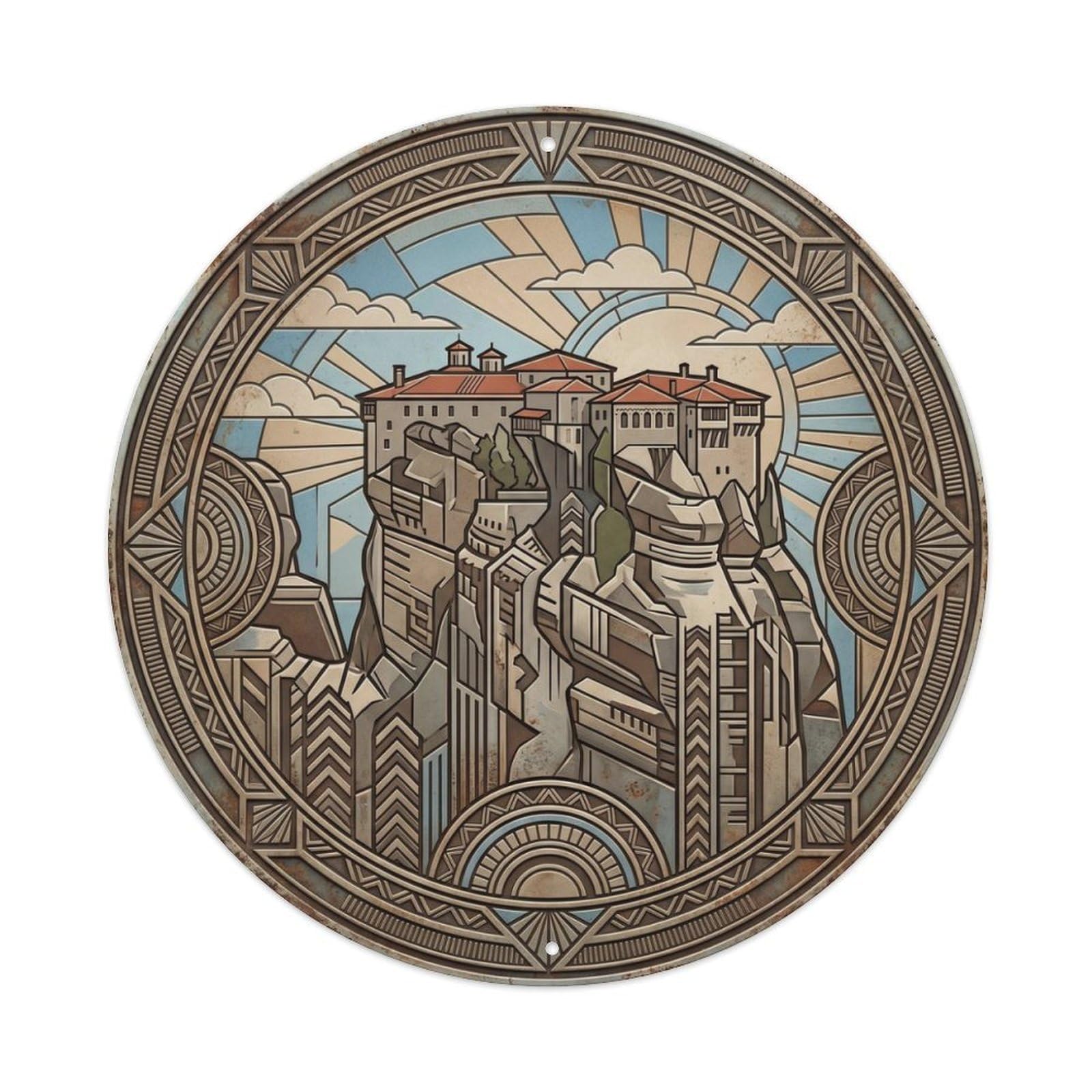 Meteora Macro Monastery Travel Metal Tin Sign Plaque Wall Decor for Cafe, Club Bar, Office, Home Garden Round Metal Poster 8x8Inch