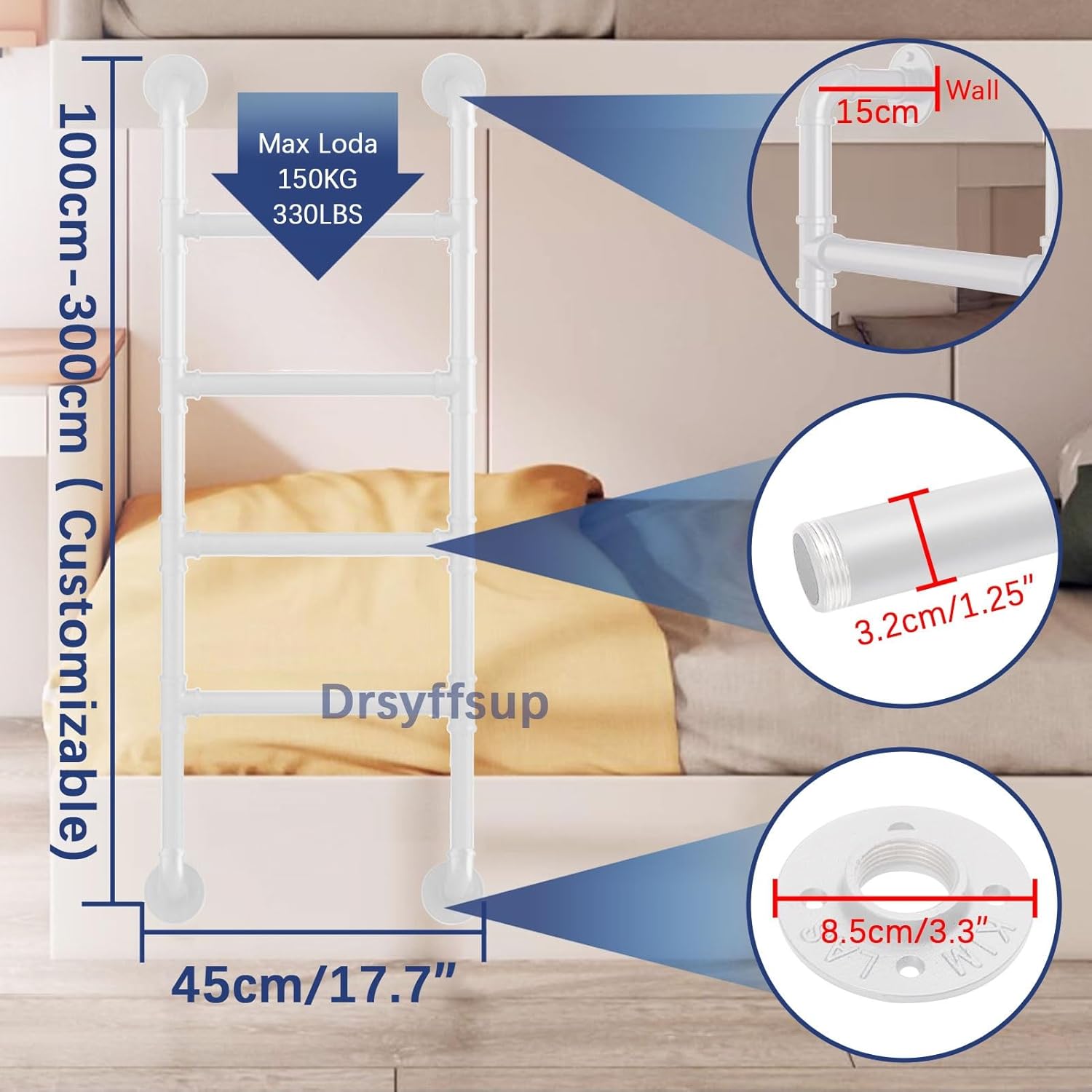 Wall Mounted Metal Step Ladder Basement Window Well Egress Ladder Emergency Fire Escape Climbing Ladder，Multi-Purpose Attic Straight Ladders Bunk Bed Ladder for RV Dorm(105cm/41in)