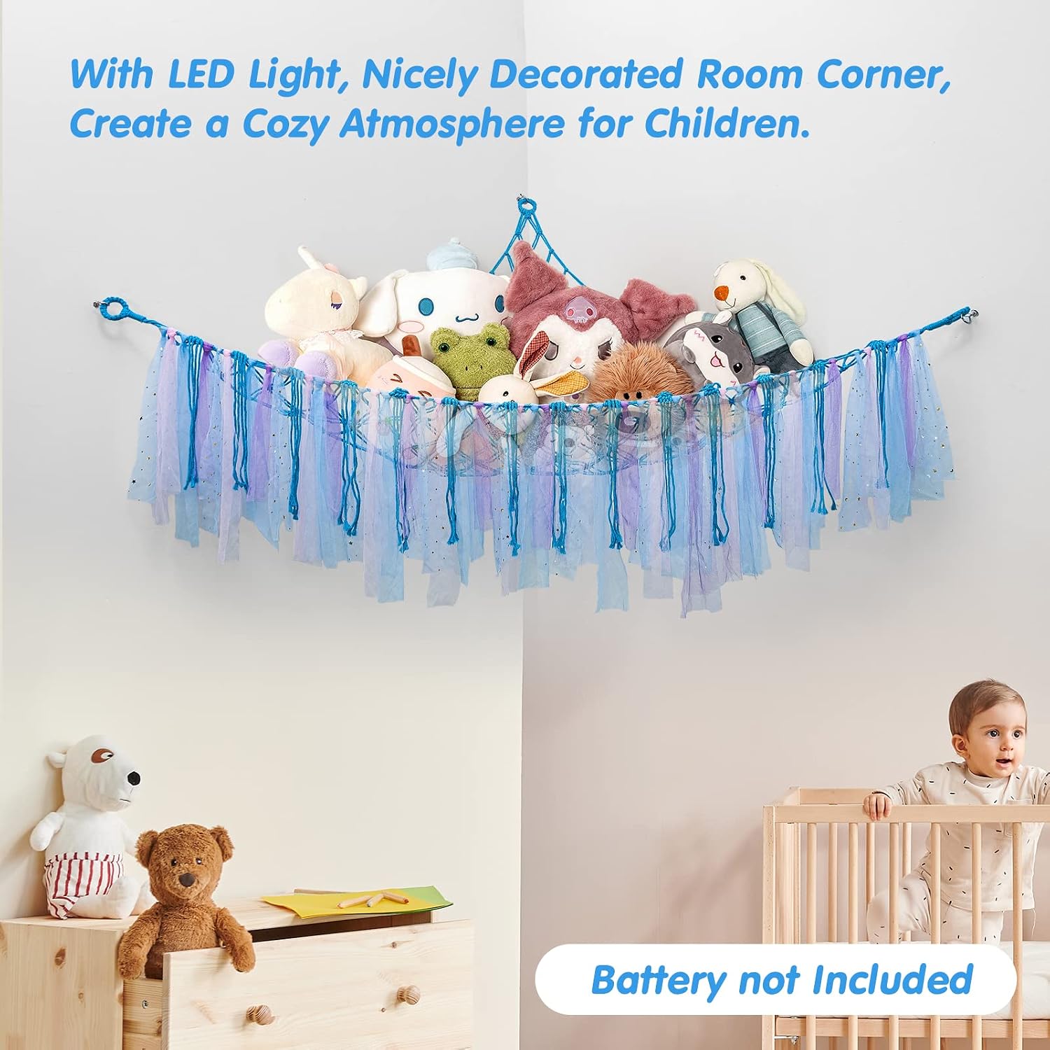 ieBabay Stuffed Animal Net or Hammock with Led Light, Boho Stuffed Animal Storage Organizer, Plush Toy Hammock Net, Hanging Plushie Net, Toddler Hammock for Kids Room Decor