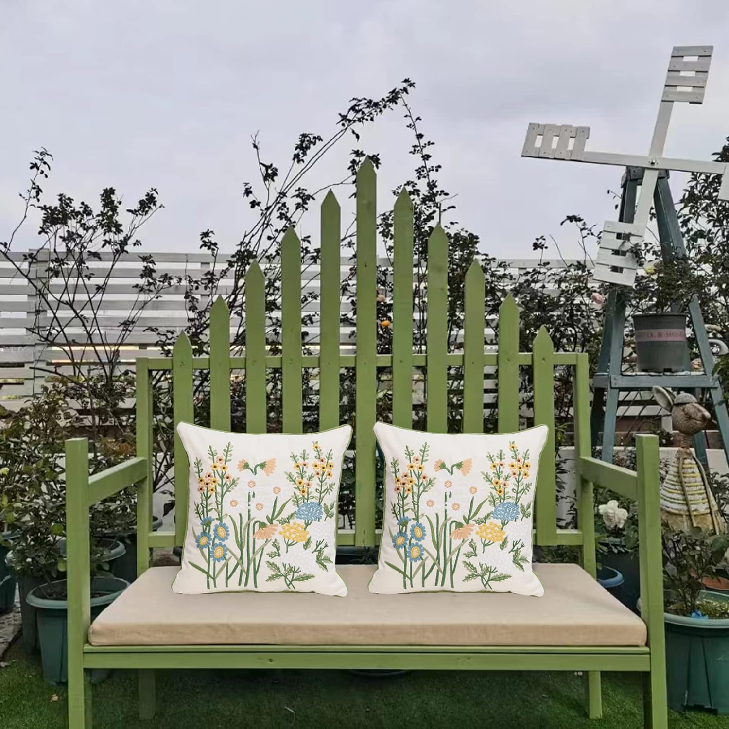 Set of 2 Embroidered Decorative Throw Pillow Covers Couch Square Pillowcases Cushion for Bedroom Sofa Farmhouse Decor 18x18 Inch (Yellow Daisy)