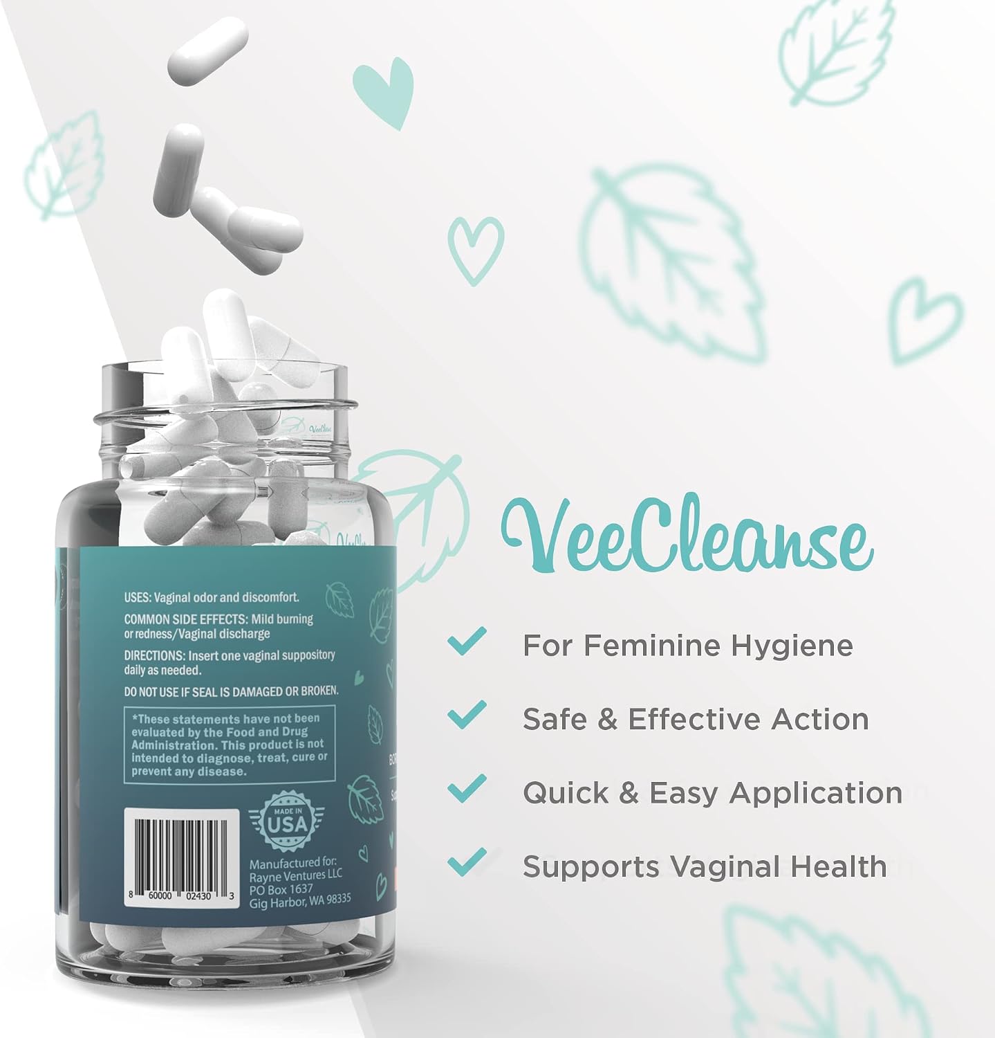 VeeFresh - VeeCleanse Boric Acid Vaginal Suppositories - Vaginal pH Balance Suppositories - Vaginal Odor Control - Feel Fresh, Feminine and Confident