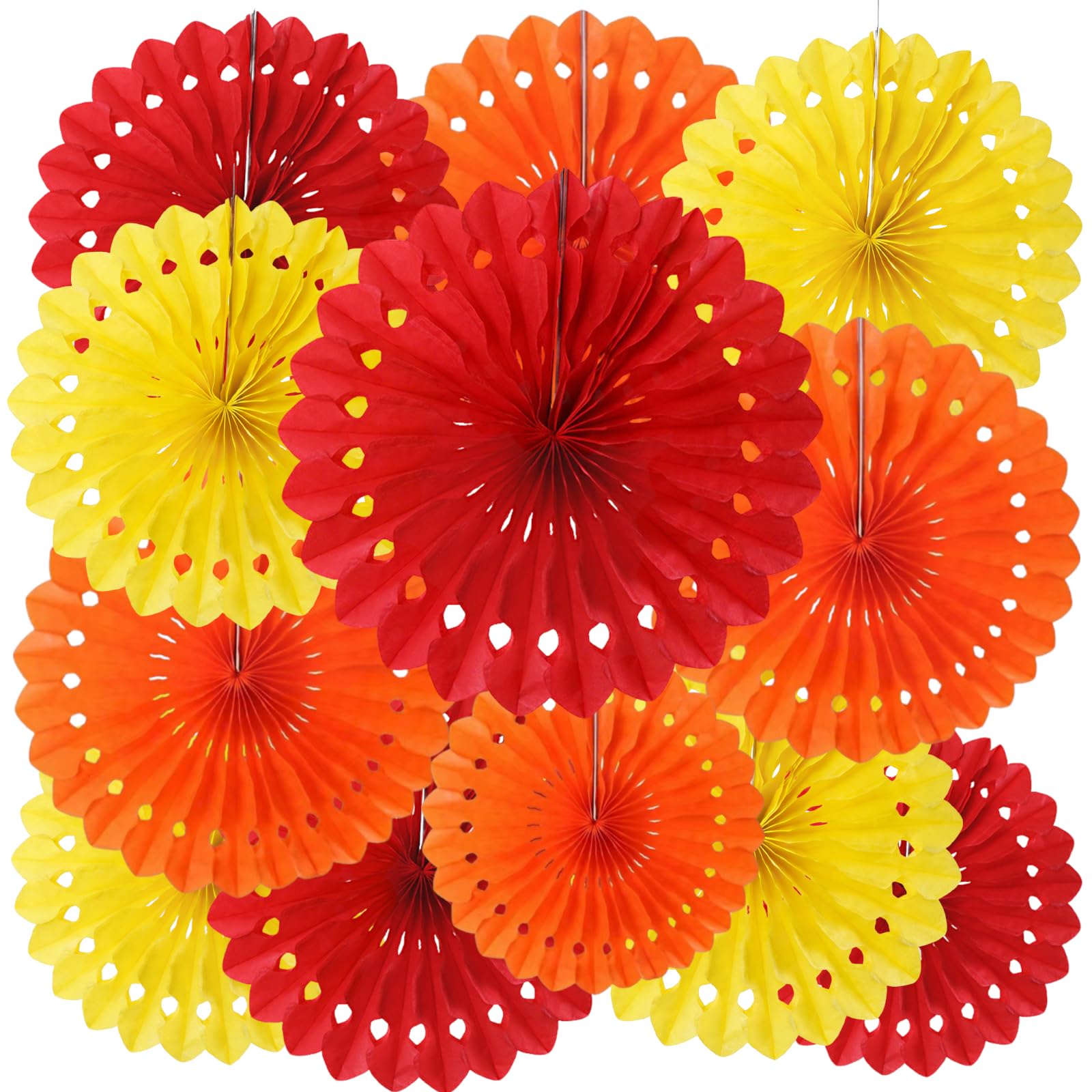 We Moment Zone 12 Pcs Red Orange Yellow Paper Fans Party Decorations,Red Orange Yellow Honeycomb Round Fans,Hanging Ceiling Paper Flowers for Birthday Wedding Bachelorette Party Backdrop Decorations