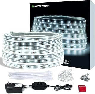 50ft Rope Lights Outdoor Waterproof White LED Strip Light Indoor Connectable Flexible 900 LEDs 6000K 12V Plug-in Decorative Tape Lighting for Patio Deck Bedroom Kitchen