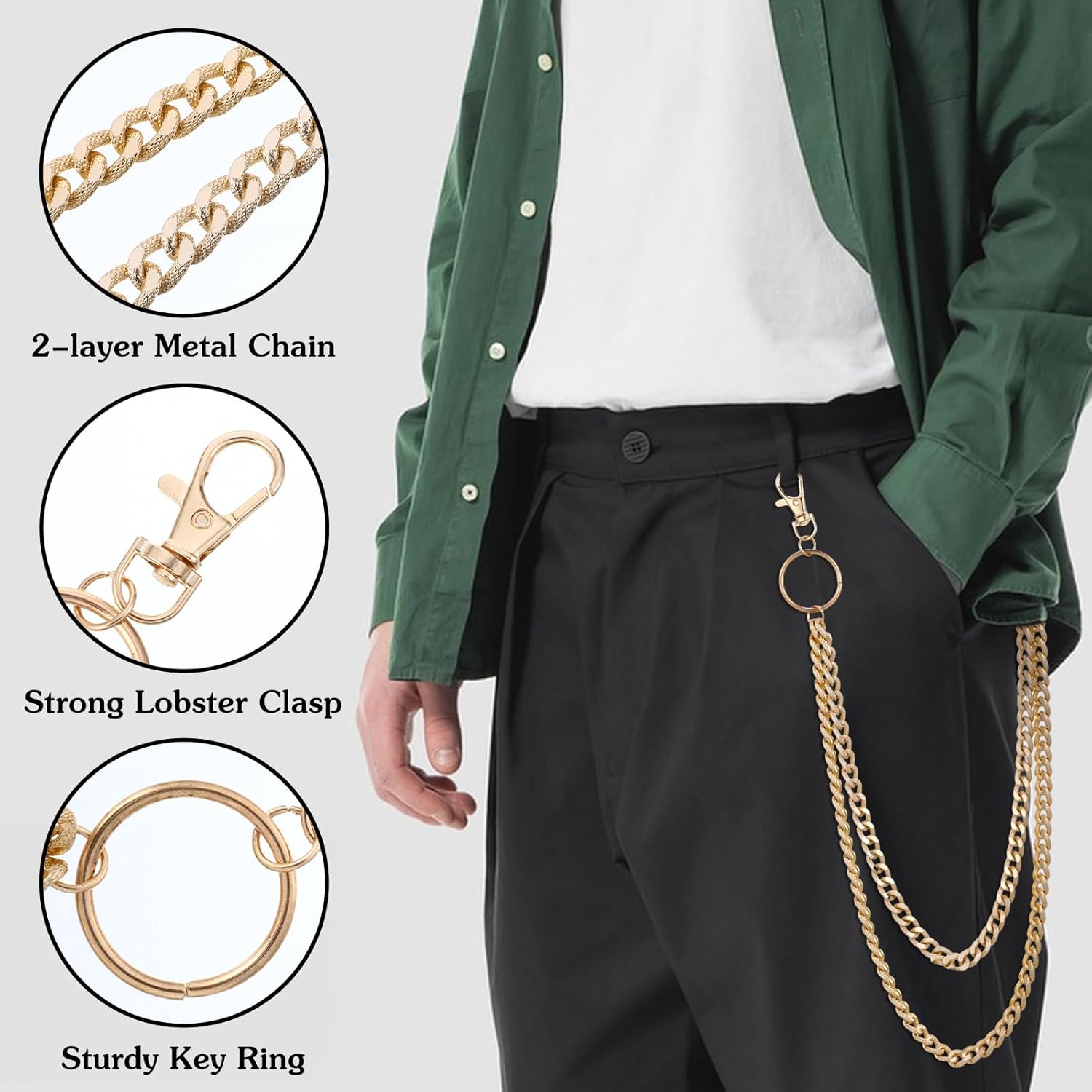 2 Pcs Double Layer Pants Wallet Chain For Men Women, Silver Gold Jean Chains With Lobster Clasp Heavy Duty Pocket Chain Hip Hop Accessories - Image 2