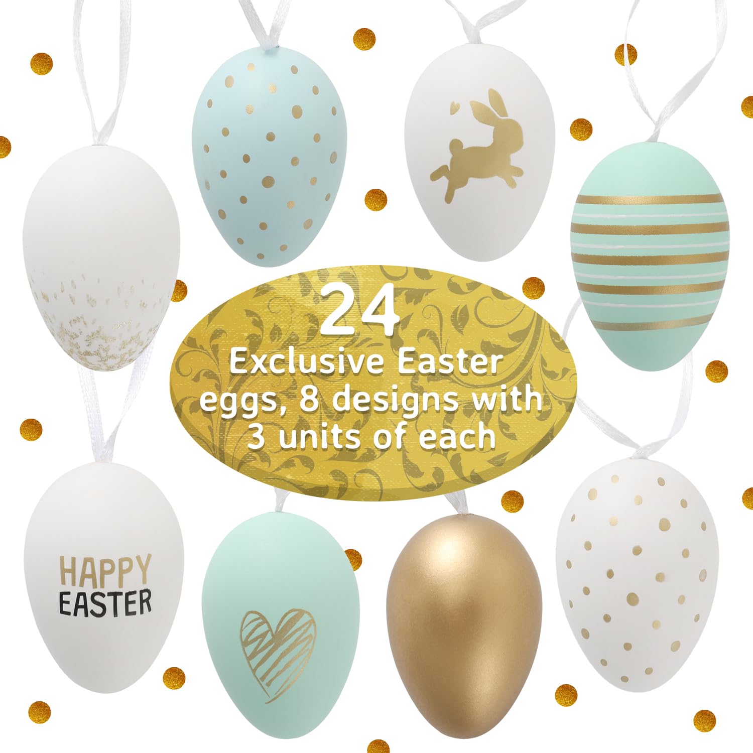 Festicy Jajka wielkanocne, 24 sztuki, dekoracja wielkanocna 2025 (biała, zielona, złota), 8 wzorów, zajączki, napis Happy Easter, jajka wielkanocne do zawieszenia na zewnątrz, plastikowe jajka