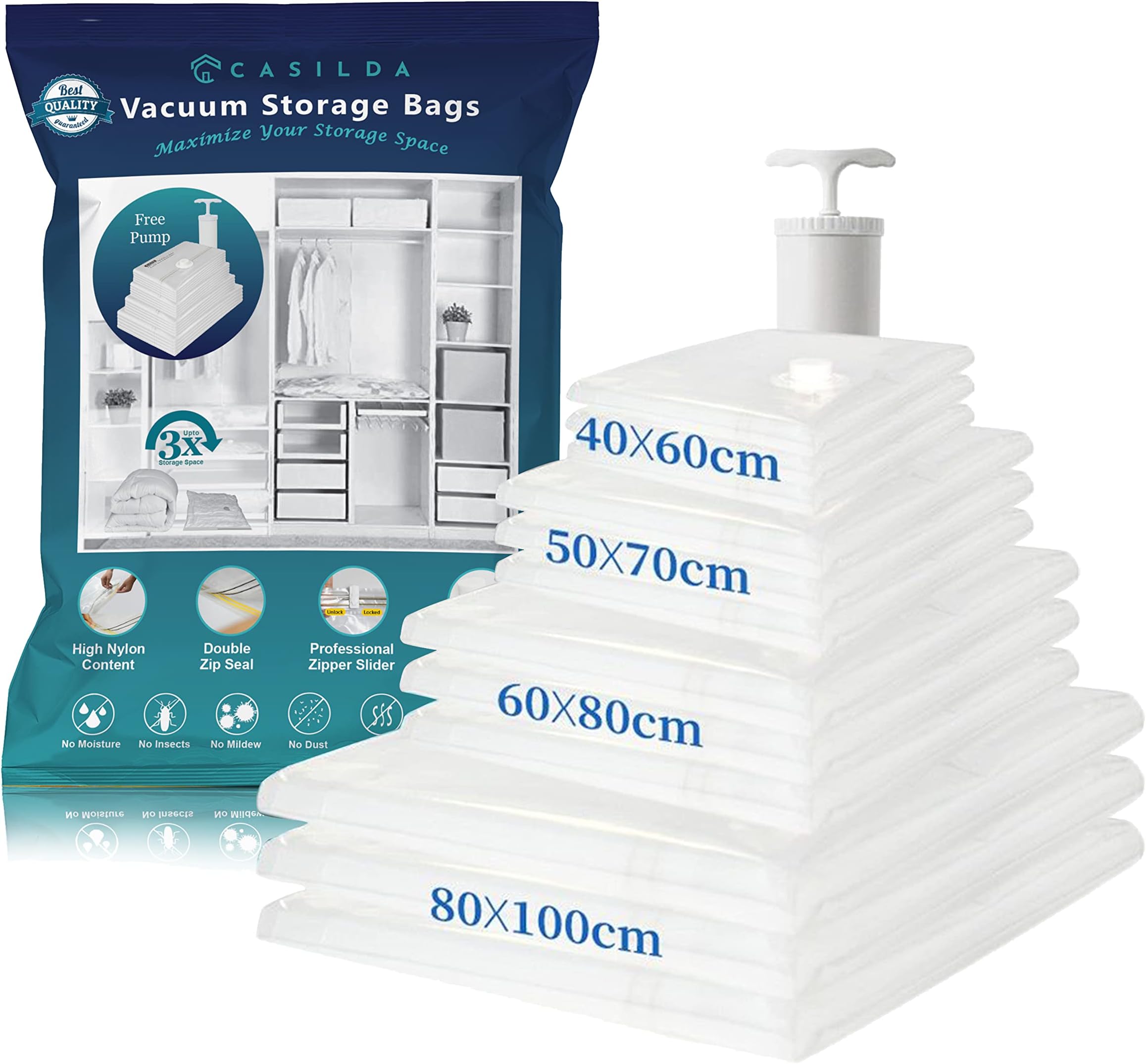 Casilda Space Saver Vacuum Storage Bags with Hand Pump, Vacuum bag Reusable for 80% more Space for Packing Clothes, Blankets, Pillows, Bedding and Travel 60x80 cm – Set of 6 (Large)
