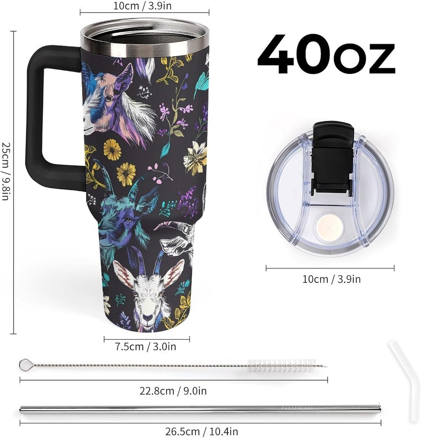 Goat and Flowers Tumbler with Handle and Straw Lid Stainless Steel Insulated Travel Mug Large Capacity Car Cup 40 OZ