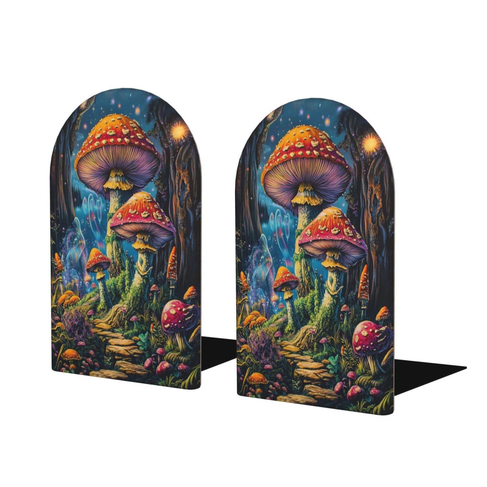 Red Mushroom Bookends For Shelves 2 Pcs Wooden Book Stopper Organizer For Home Office Libraries