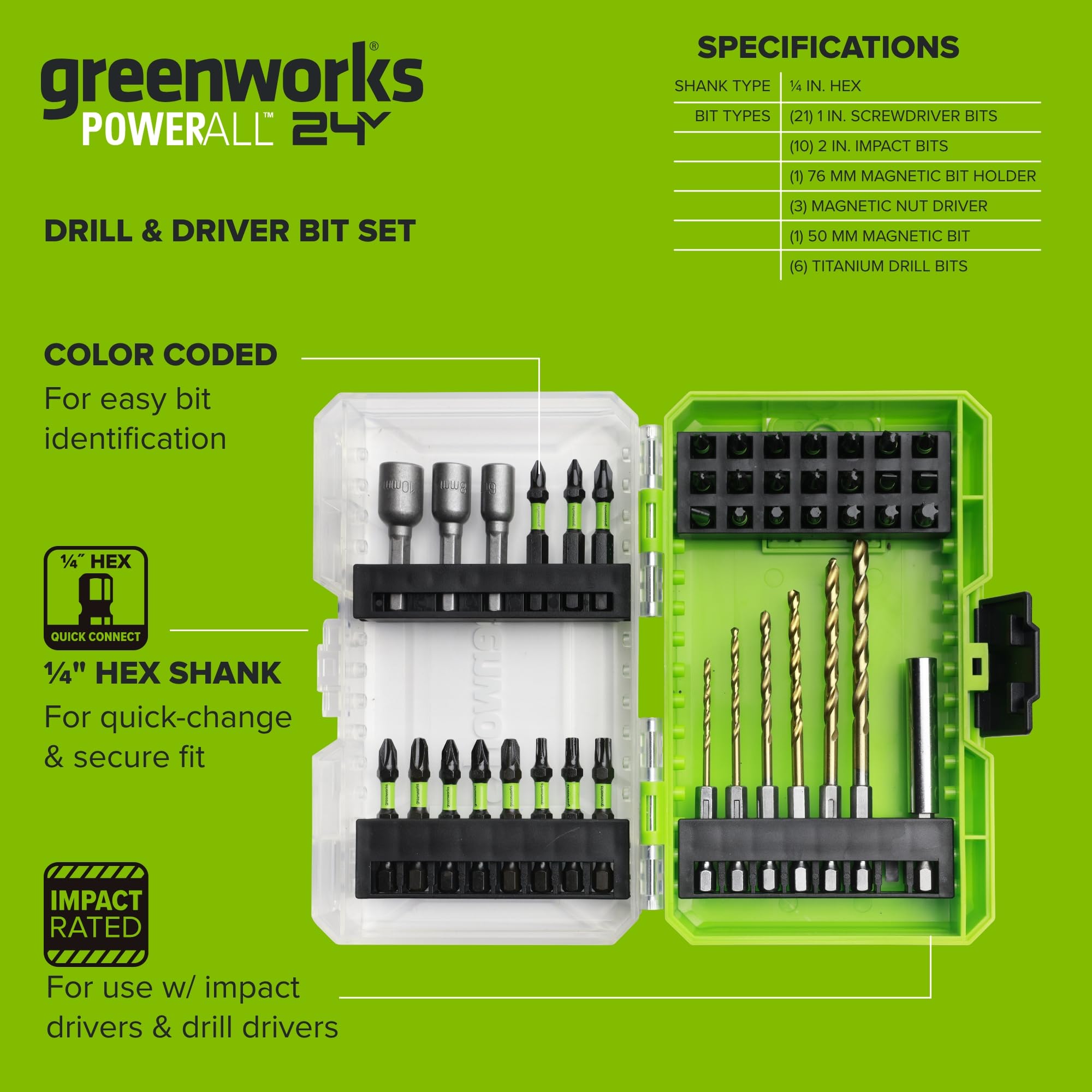 Greenworks PA50202A1 Lot de 42 forets et embouts d'entraînement, résistants aux chocs