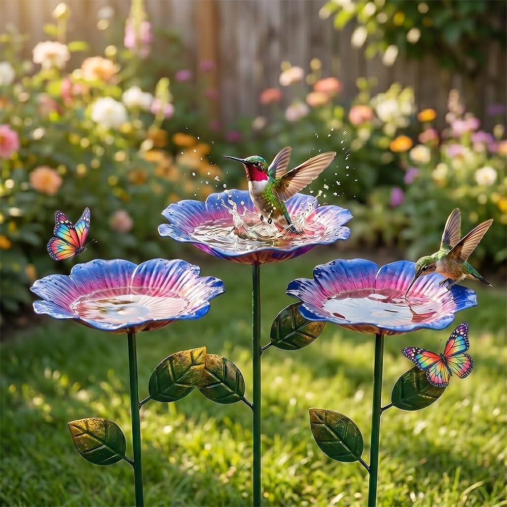 sloiaz Handmade Metal Flower Garden Stake, Colorful Butterfly Bee Water Feeder Bird Bath Bowl, Hummingbird Fountain Bee Watering Station Outdoor Yard Garden Decor(Purple,3PCS)