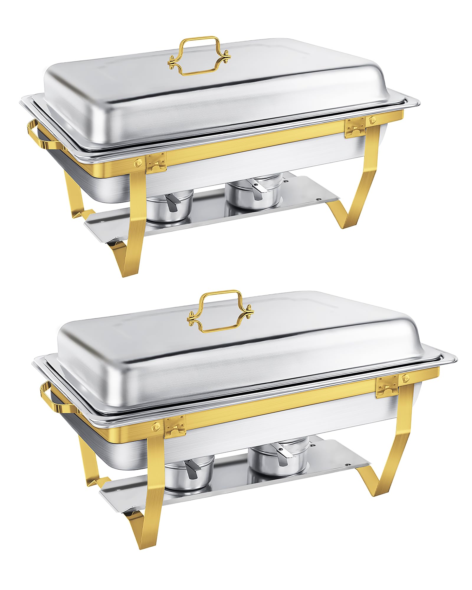Gold Chafing Dish Buffet Set 9L,Buffetwärmer[Rollranddesign],2pcs Edelstahl Warmhaltebehälter [Elegante Gold und Silberfarben] Speisenwärmer Rechaud für Catering Buffet und Party