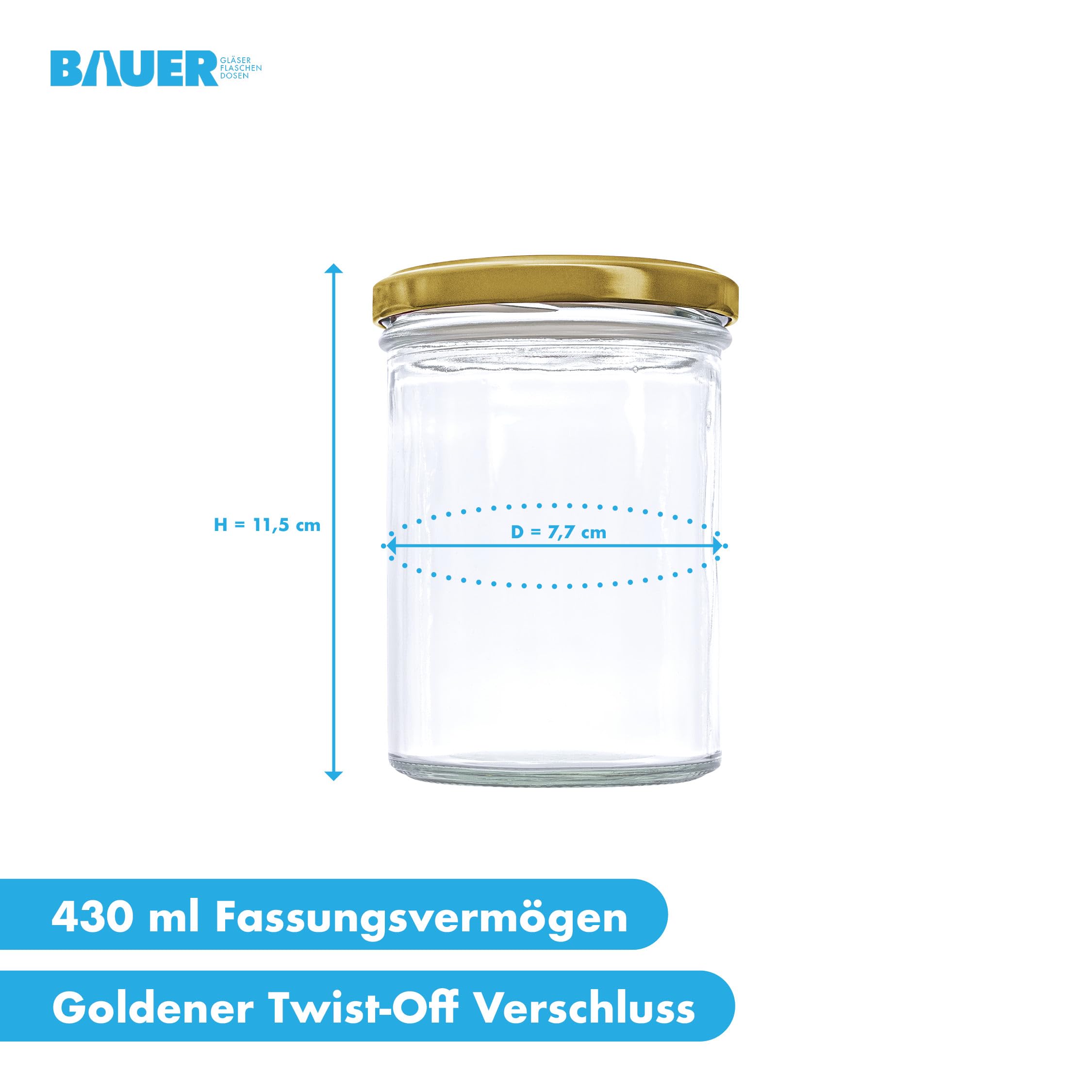 Flaschenbauer - Sturzgläser 430ml 96er Set - Einmachgläser mit Deckel TO82, Schraubgläser, Marmeladengläser, Einkochgläser zur Aufbewahrung, mit Twist-Off-Deckel - Made in Germany (Deckel Gold)