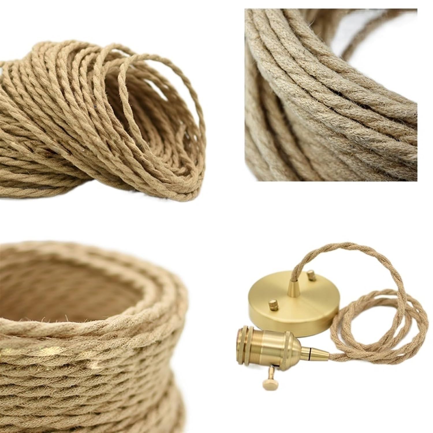 Cables flexibles, cable eléctrico trenzado for luz colgante, 2x0,75 mm | Cuerda de cáñamo de cobre cubierta de color amarillo en varias longitudes(20meter)
