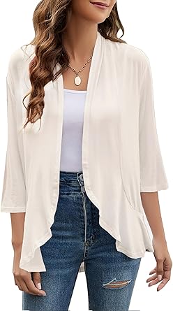 Yekaty Women Cardigan 3/4 Sleeves Open Front Lightweight Cardigan Draped Ruffles Knit Cardigan