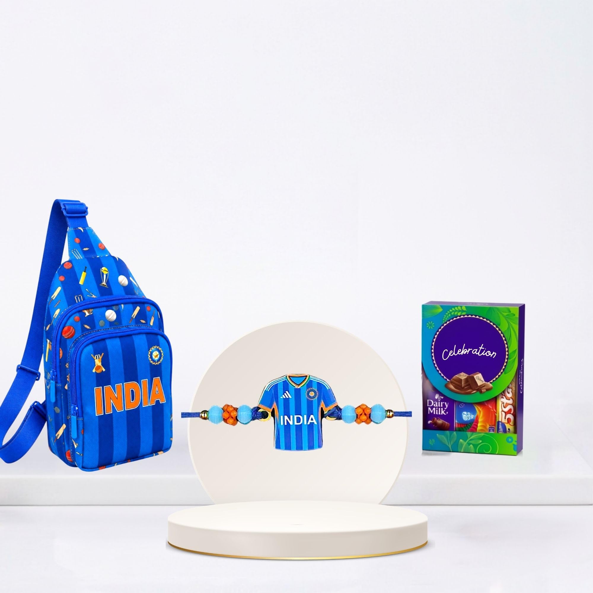 Kizzi Cricket Theme Rakhi Combo for Kids Boys | Virat Rakhi Gift Hamper with Chocolatet & Sling Bag | Rakhi Gift for Brother | With Greeting Card & & Tilak Set - II2-BG10-CEL-image-2