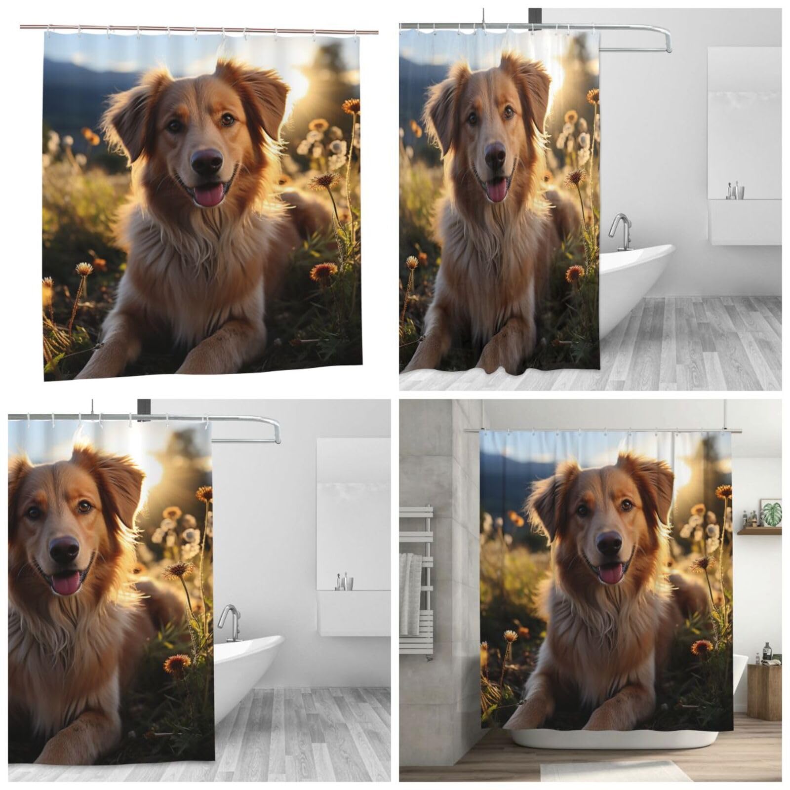 Rideau de douche motif chien sur l'herbe pour salle de bain enfant