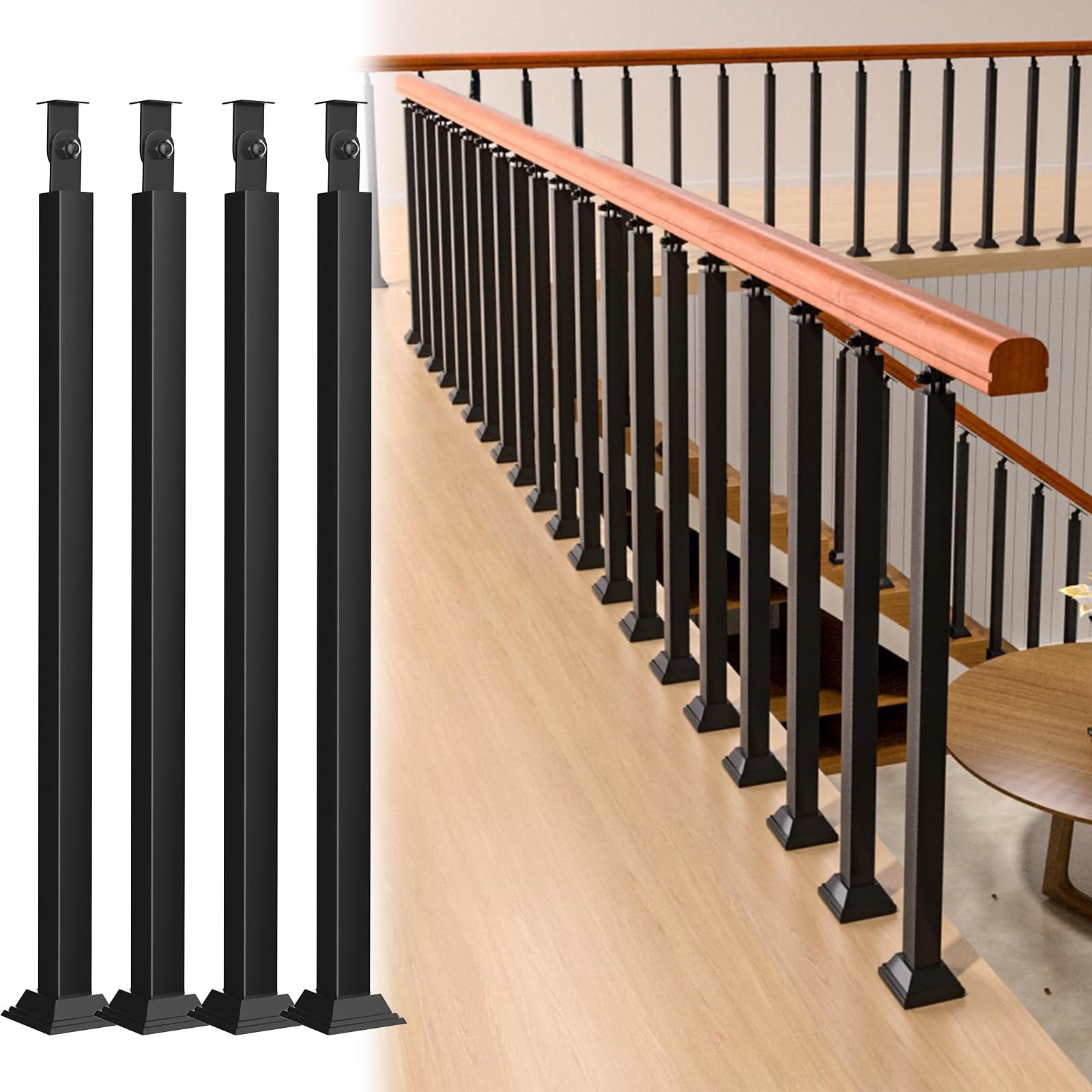 Pręty poręczy schodowych o długości 60 cm do użytku wewnątrz – 4 sztuki, czarne metalowe wrzeciona na taras, werandę i schody, kwadratowe słupki mocujące do podłogi z zestawem śrub, długie