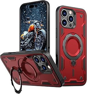 iPhone 15 Plus 用 ケース マグネット不可視スタンド付き ワイヤレス充電対応 ヘビーデューティー 耐衝撃 保護カバー, レッド