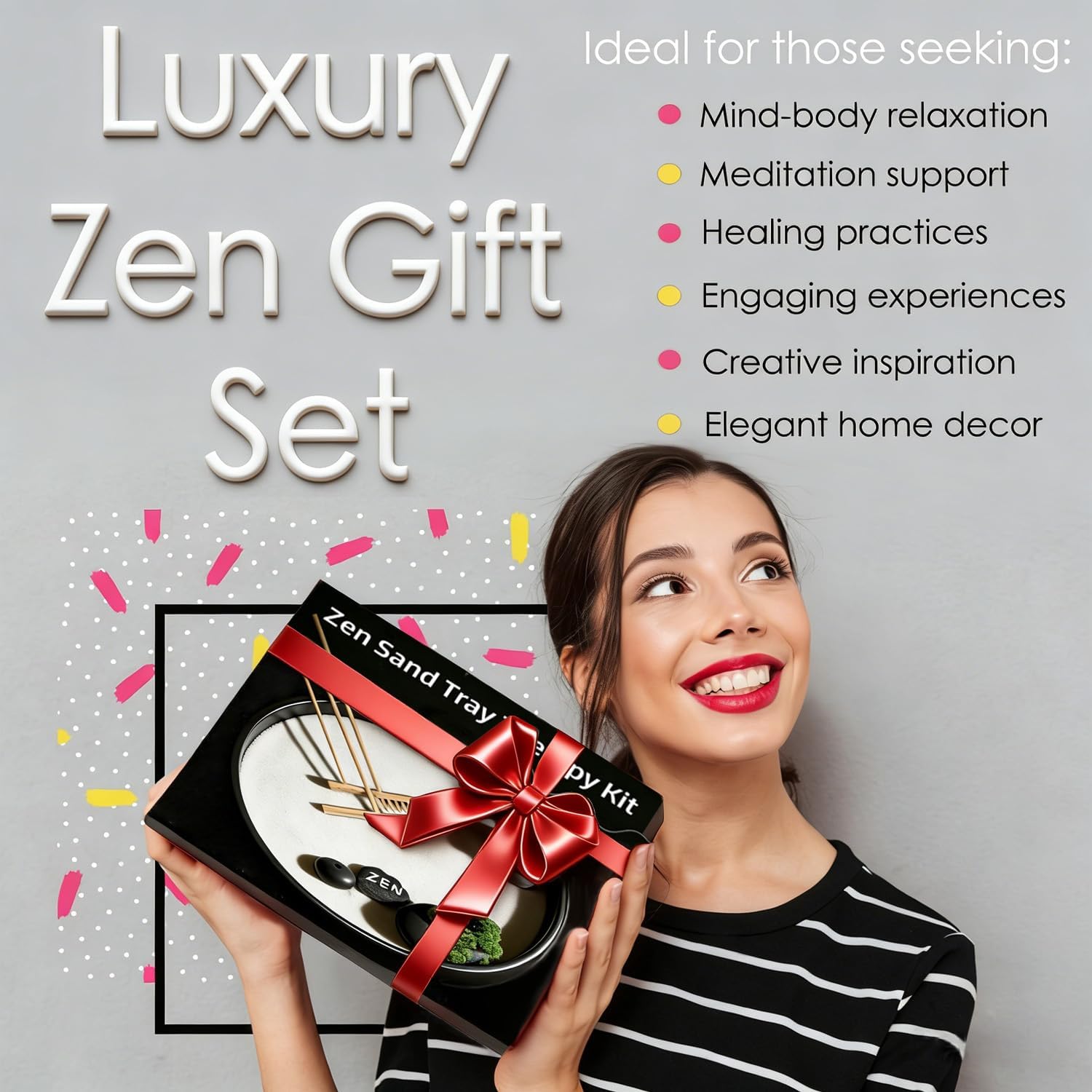 Zen Garden Kit for Desk, Japanese Decor with Rock Feature Stamp Spheres, Round Decorative Trays, Sensory Relaxation Sand Tray Therapy Ball Tool, Meditation Sandbox Gift Set for Home & Office