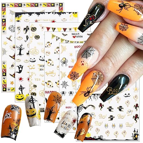 Miniatura 1 de Calcomanías de arte de uñas de Halloween 3D, calcomanías de uñas de Halloween, sombrero de bruja láser dorado, fantasma, autoadhesivas, diseños de
