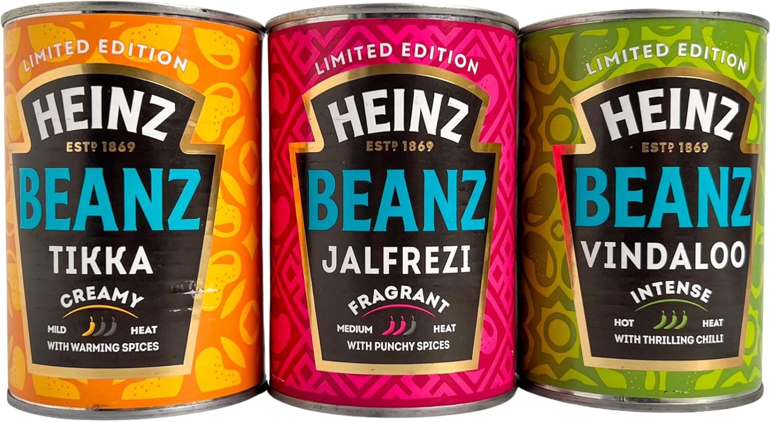 Heinz Baked Beans Curry Limited Edition Beanz Bundle 1 x Tikka 390g, 1 x Jalfrezi 390g, 1 x