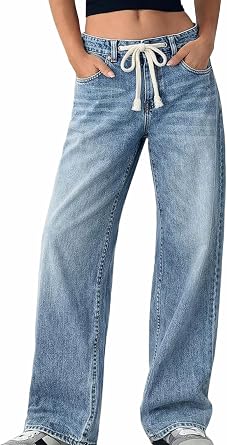 ELLEVEN Womens Low Rise Baggy Jeans, Casual Drawstring Wide Leg Denim Pants with Pockets