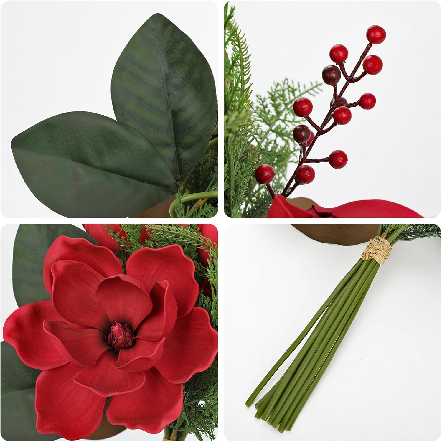 Briful Magnolia Artificial Flower Bouquet Red Magnolia Christmas Flower with Berries Pine Branches Silk Floral Arrangement for Xmas Home Vase Winter Holidays Party Wedding Decor