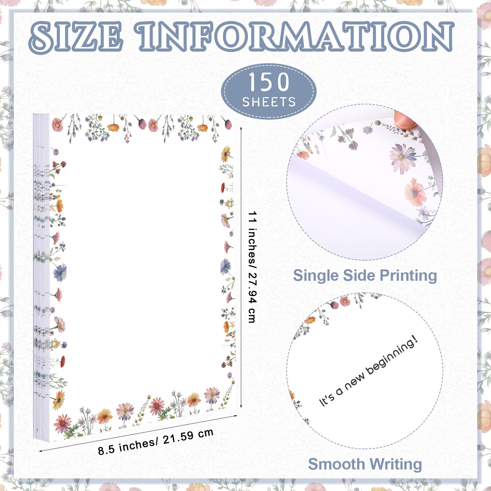Roowest 150 fogli di carta decorativa per stampante a fiori selvatici, 21 x 27 cm, con bordo elegante, per la scuola, la scrittura, la casa, l'ufficio