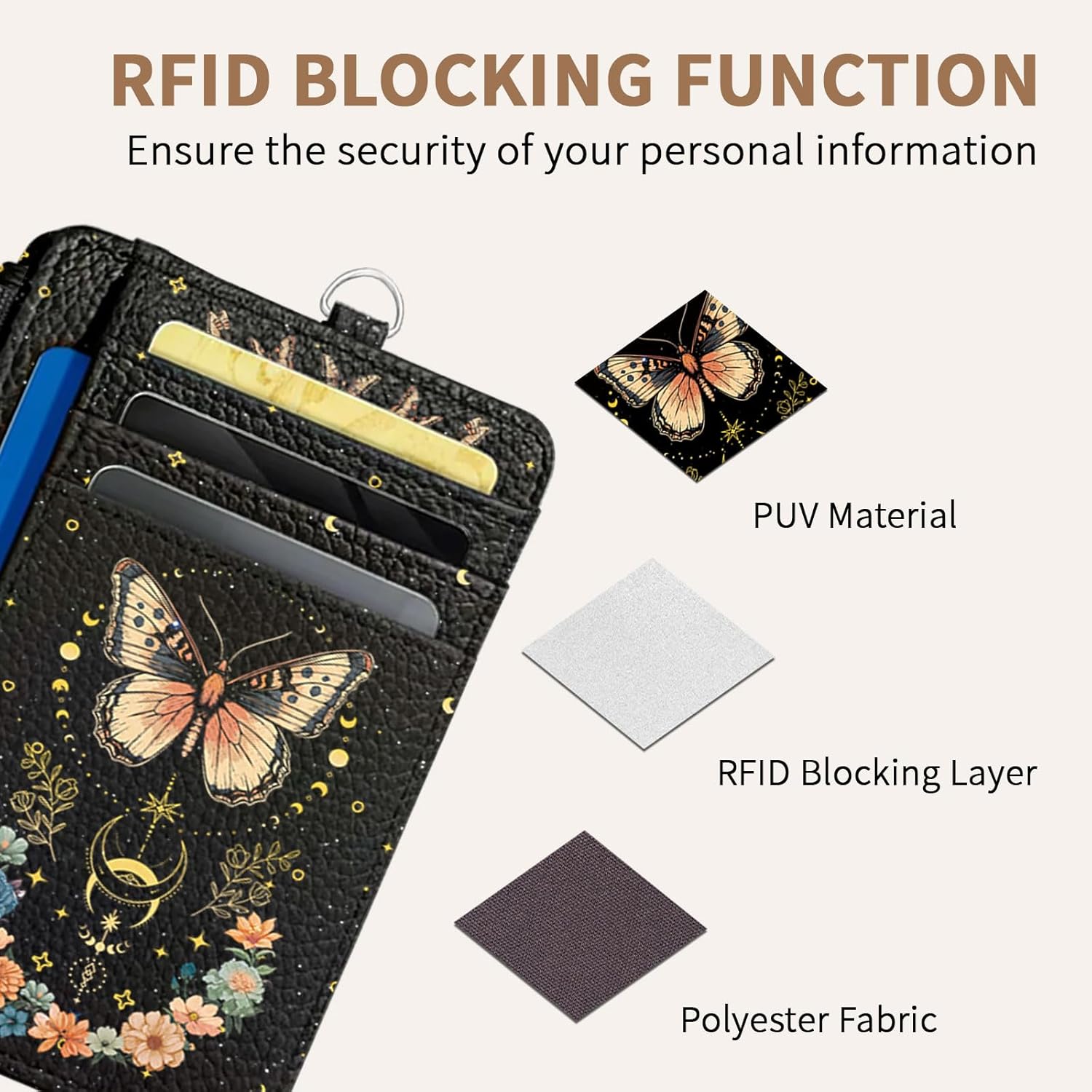 Butterfly Credit Card Holder Slim Wallet, Flower PU Leather Front Pocket Small Wallet Card Holder, RFID Blocking Women Wallets with Hand Strap, Thin Cards Case ID Window, Travel Credit Cards Organizer - Image 3