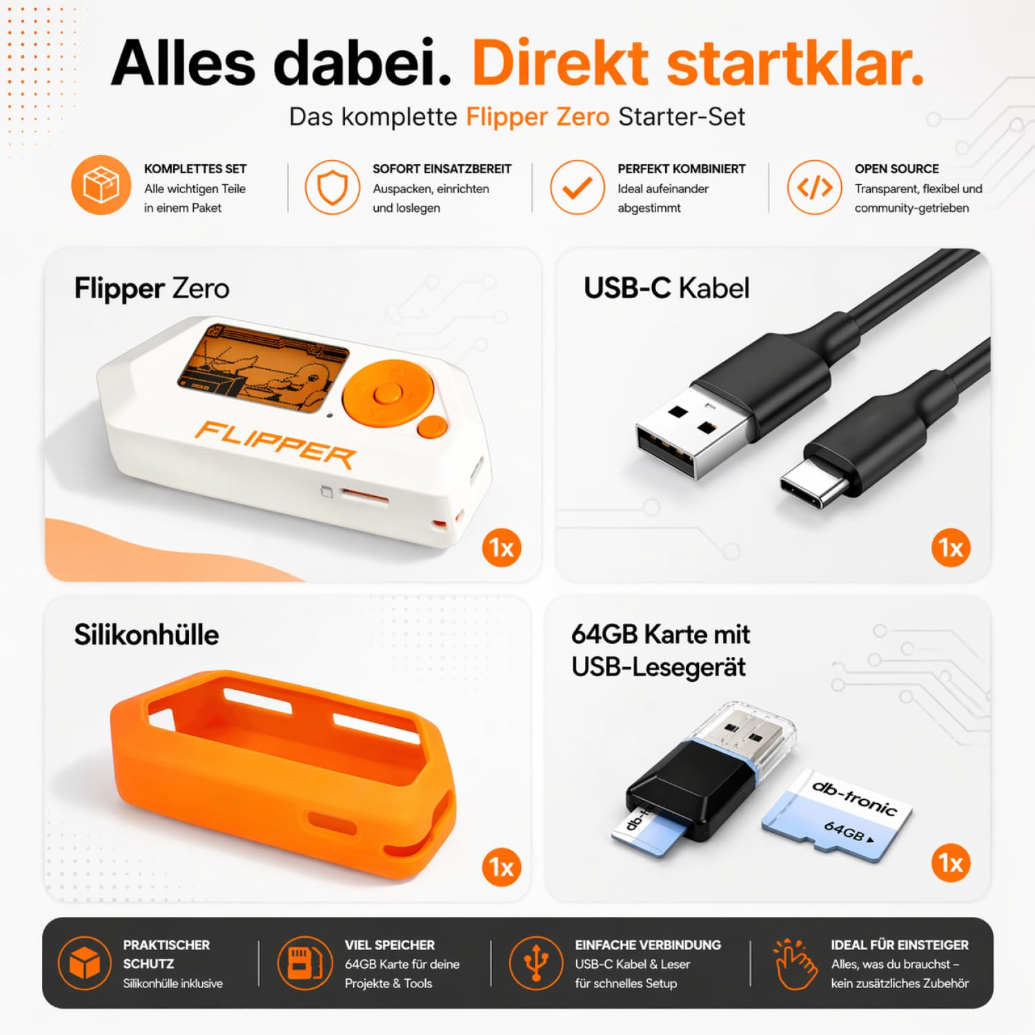 Flipper Zero Protective Set | Flipper Zero | Silikonhülle | USB-C Kabel | 64GB Speicherkarte - Elektronisches All-in-One-Tool: Sub-GHz, RFID, NFC, Funksteuerung, Infrarot, Open-Source & Anpassbar
