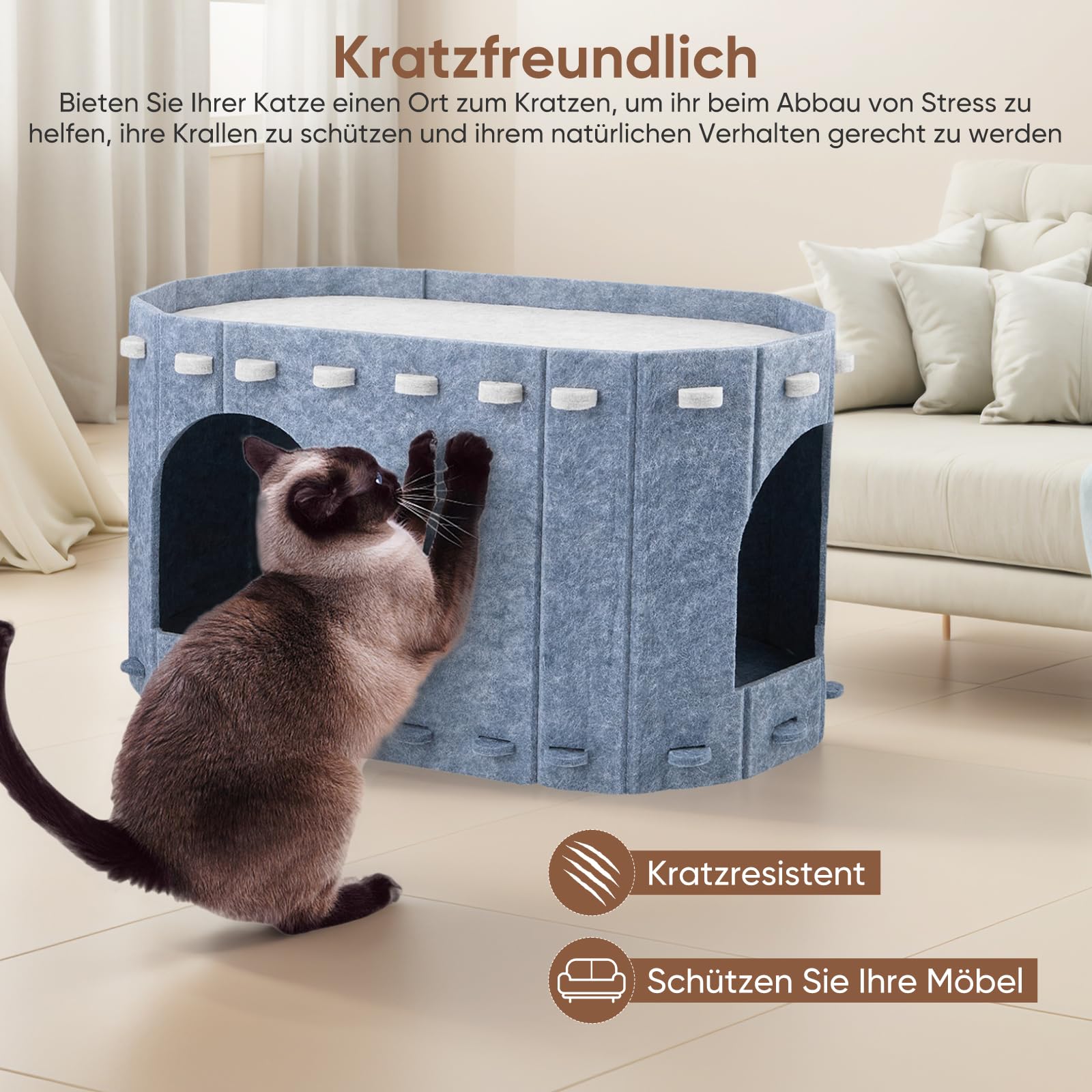 Filz Katzenhöhle Zweistöckig, Abnehmbare Waschbare Katzenhaus mit Doppelseitiger Matte, 58x33x30cm Kratzfest Katzenbett für Indoor Katzen, Vierjahreszeiten Geeignet