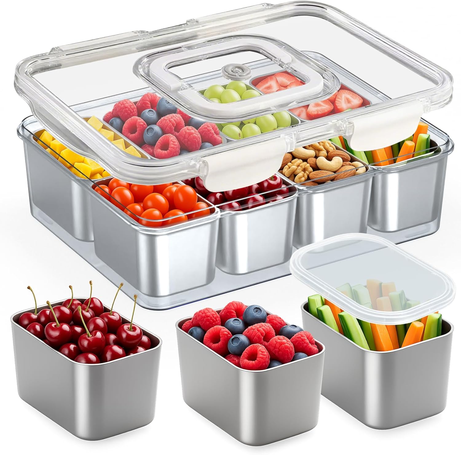 Snackle Box Container Stainless Steel - Reusable 8 Compartment Divided Serving Tray with Lid and Handle, Clear Portable Snack Containers Platters Storage Organizer for Snacks Fruit Candy Veggie Nuts