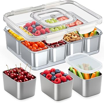 Snackle Box Container Stainless Steel - Reusable 8 Compartment Divided Serving Tray with Lid and Handle, Clear Portable Snack Containers Platters Storage Organizer for Snacks Fruit Candy Veggie Nuts