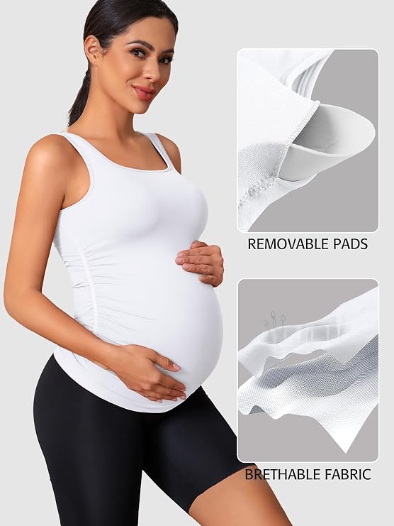 ATTRACO Maternity Tank Tops Seamless Side Ruche Sleeveless Pregnancy Basic Shirt with Built in Bra