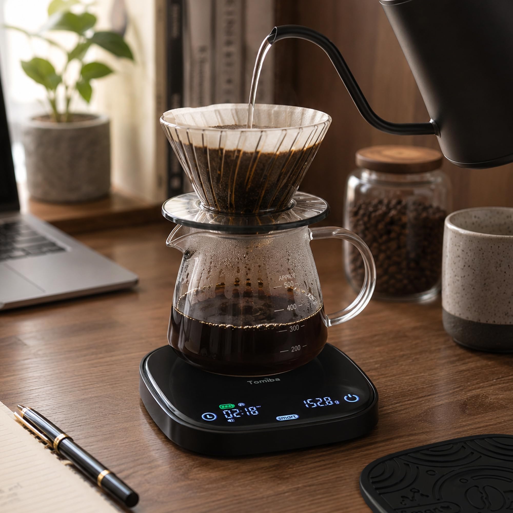 Báscula de café inteligente con temporizador, 5 modos inteligentes, báscula de precisión recargable para preparar café en casa, pantalla digital, compacta