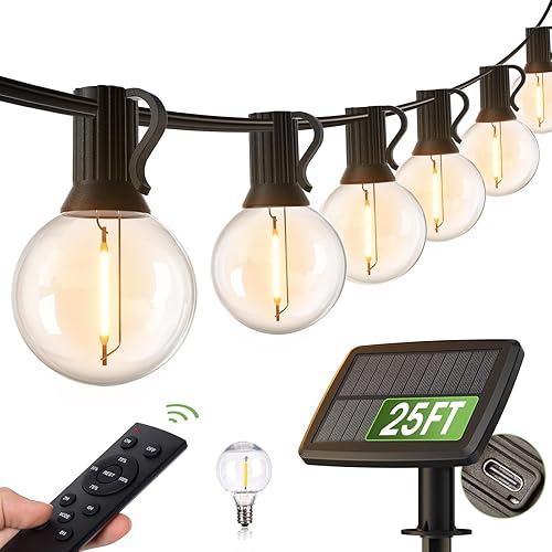 addlon Tira de luces solares de 25 pies para exteriores, impermeables, con control remoto, G40 con 13 bombillas LED inastillables, 3 modos de luz,