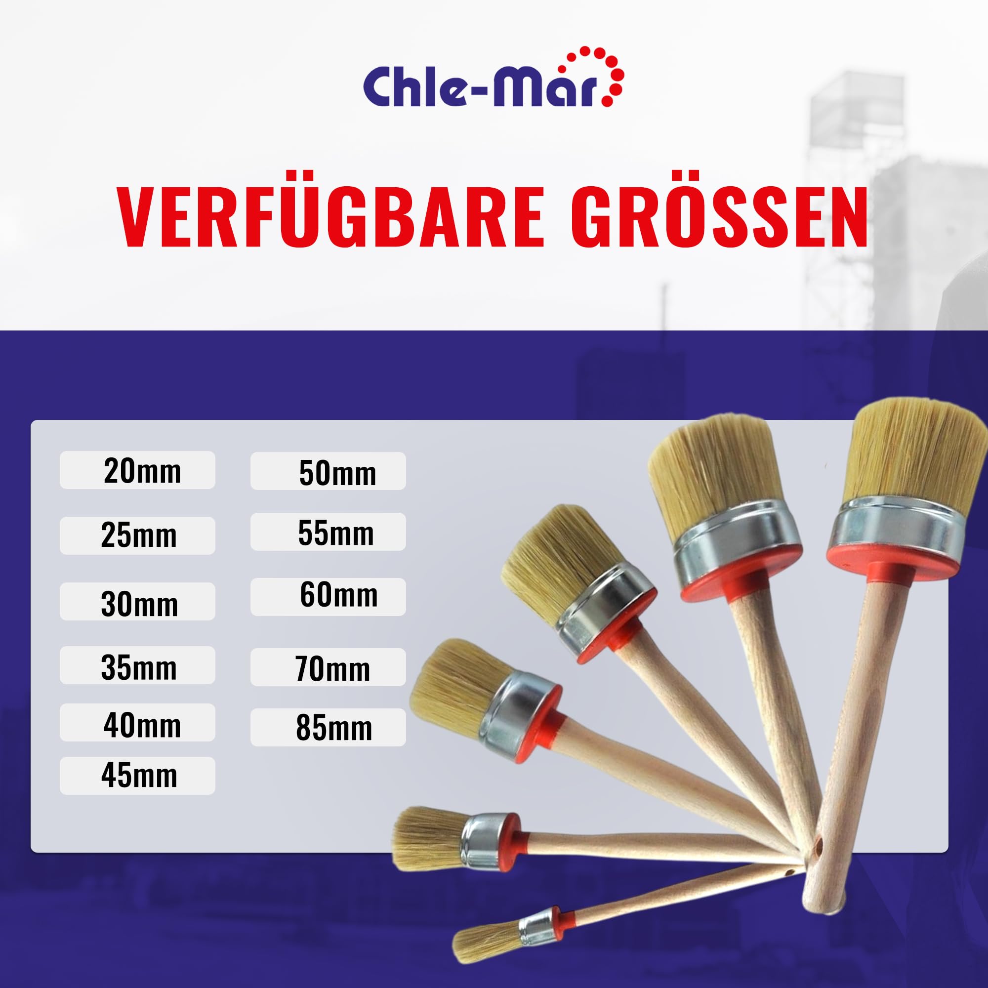 Chle-Mar 5X Wiederverwendbarer Rundpinsel mit Holzgriff 70mm