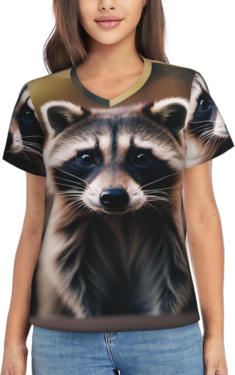 Women Casual Cute Raccoon (1) Print V-Neck T-Shirt Short Sleeve Summer Trendy Tops.