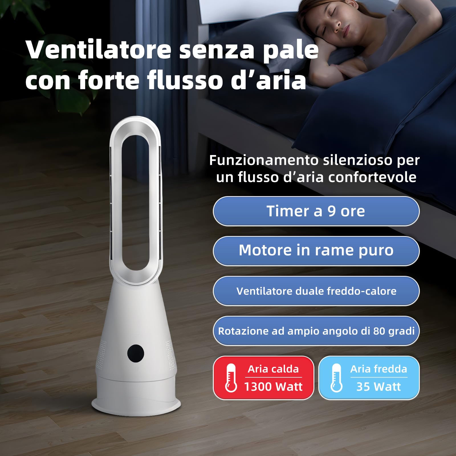 JF-500 Ventilatore a torre con riscaldamento, raffreddamento, purificatore d'aria, oscillazione 120°, telecomando