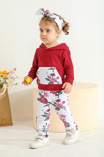 Miniatura 4 de Eghunooy Conjunto de sudadera con capucha floral de manga larga para bebé niña con bolsillo y diadema