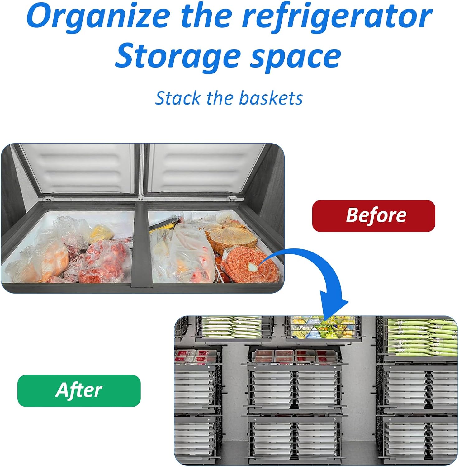 Petyoung Freezer Organizer Bins, 2Pcs Expandable Stackable Deep Chest Freezer Baskets with Handles, Metal Adjustable Storage Containers for Fridge Deep Freezer Cabinet