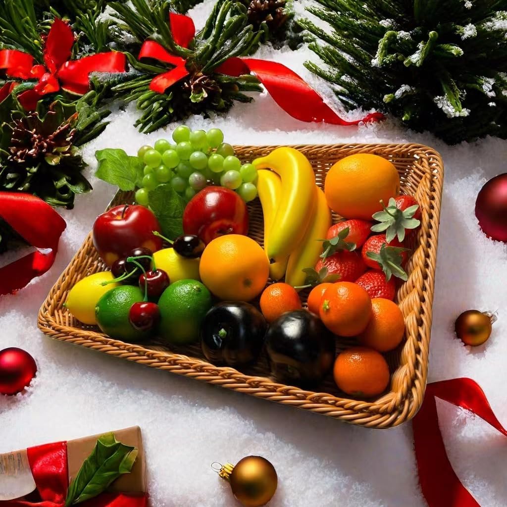 27pcs Fake Mixture Fruits for Home Decor Artificial Fruit Decorations Faux Artificial Lemon Grapes Banana Orange Red Apple Black Plum Fake Strawberry Plastics Cherry