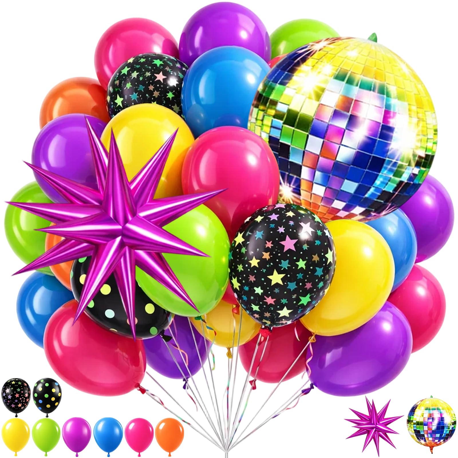 Neon Balloons, Disco Ball Decorations, 42 PCS Neon Party Accessories including Yellow Hot Pink Lime Green Orange Blue Purple with Star and Disco Ball Balloons, for 80s 90s Neon Birthday Party Supplies