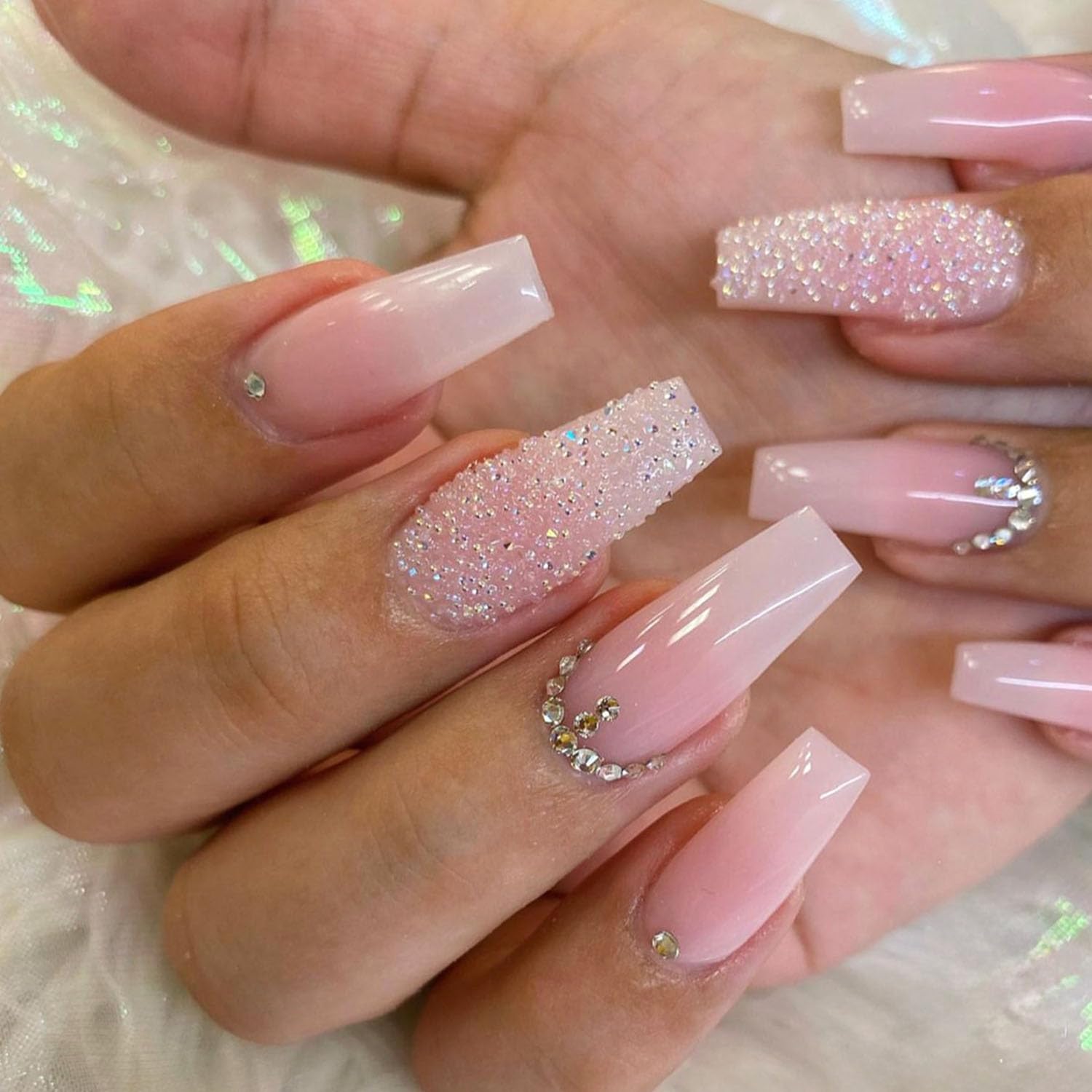 Coffin Press on Nails Medium Fake Nails Pink & White Ombre Full Cover Acrylic Nails Bling Broken Diamond False Nails Glossy Rhinestones Glue on Nails