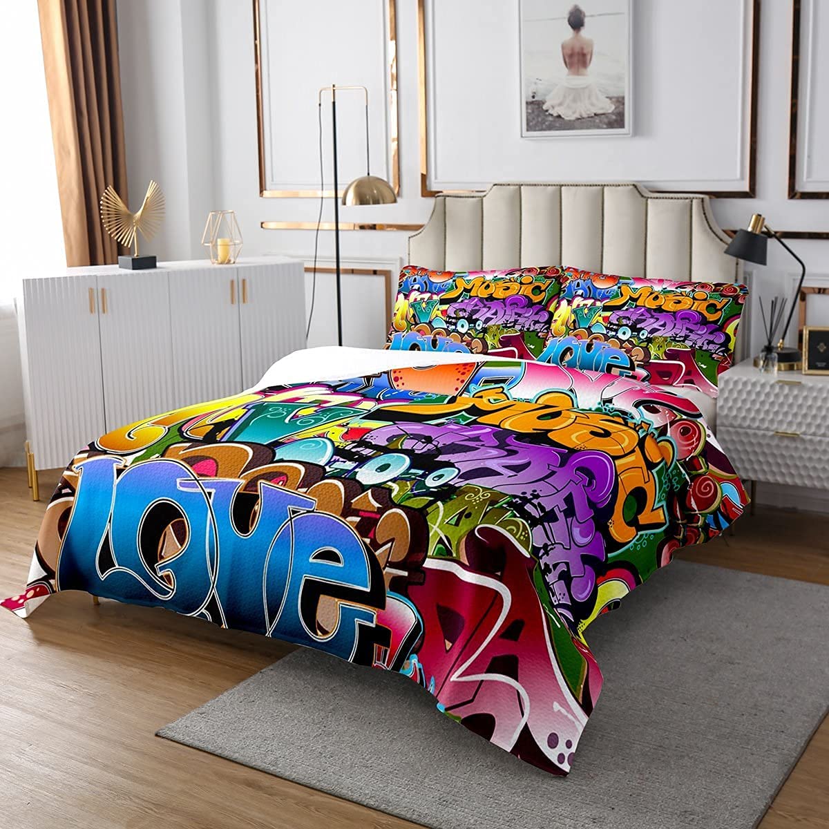 Set Copriletto Graffiti Hip Hop Per Adolescenti - Stile Urbano Con Motivo Street Art - 2 Pezzi Misura Singola 170x230cm - Foto 10