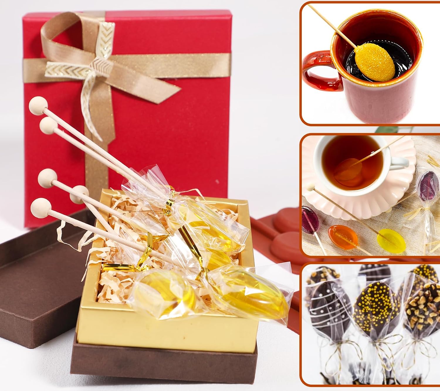 Koluti Honey Spoon Silicone Molds 2 Pieces, Hard Candy Lollipops DIY Mold Maker, Honey Stirrers for Tea and Coffee, Honey Party Favors Gift Set (Included 12 Wood Sticks)