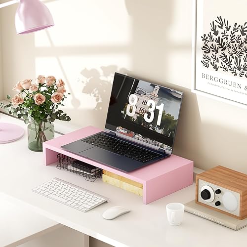 Miniatura 2 de TEAMIX Elevador de monitor rosa de 20 pulgadas, soporte de monitor de madera para escritorio, resistente elevador de