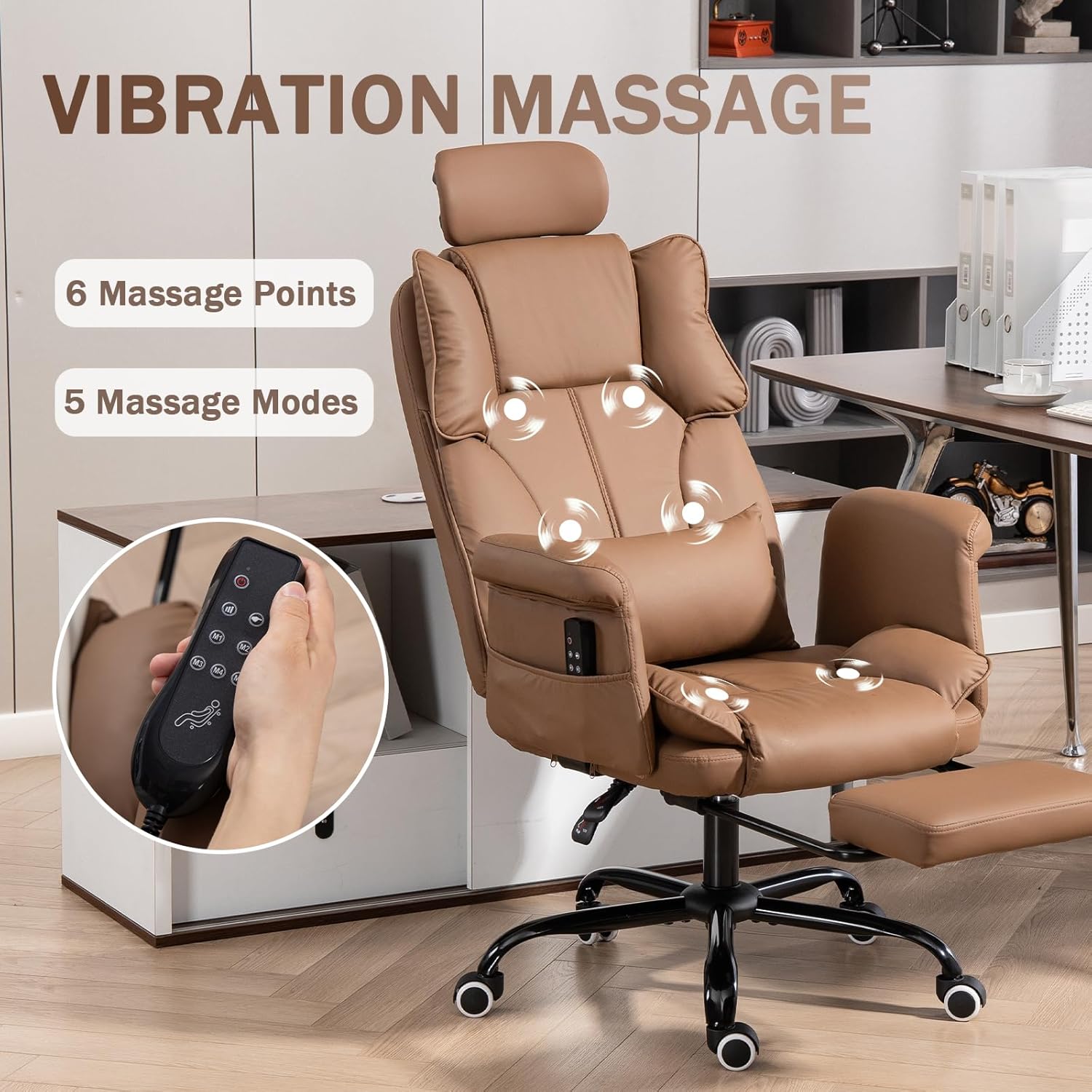 Massage Office Chair with Footrest 6-Point Vibration Executive Office Chairs Leather 155° Reclining Gaming Chair Computer Chair with Massager for Lower Back Pain