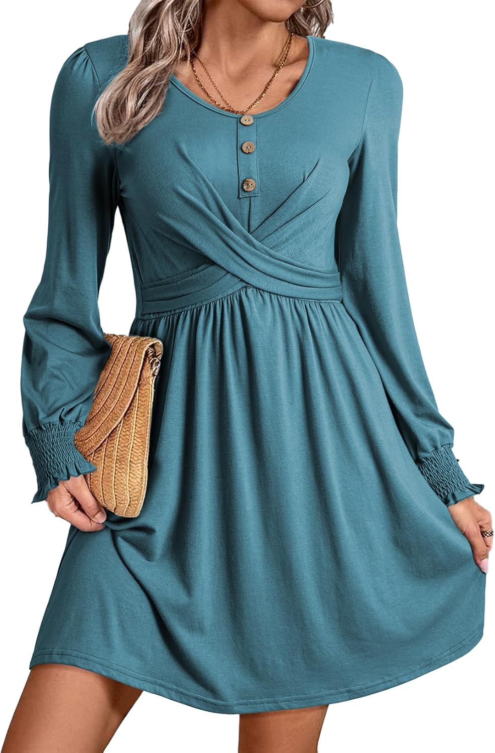 Acelitt Women's Fall Dresses 2025 Beach Casual Long Sleeve Loose Sundress Flowy Babydoll Mini Dress